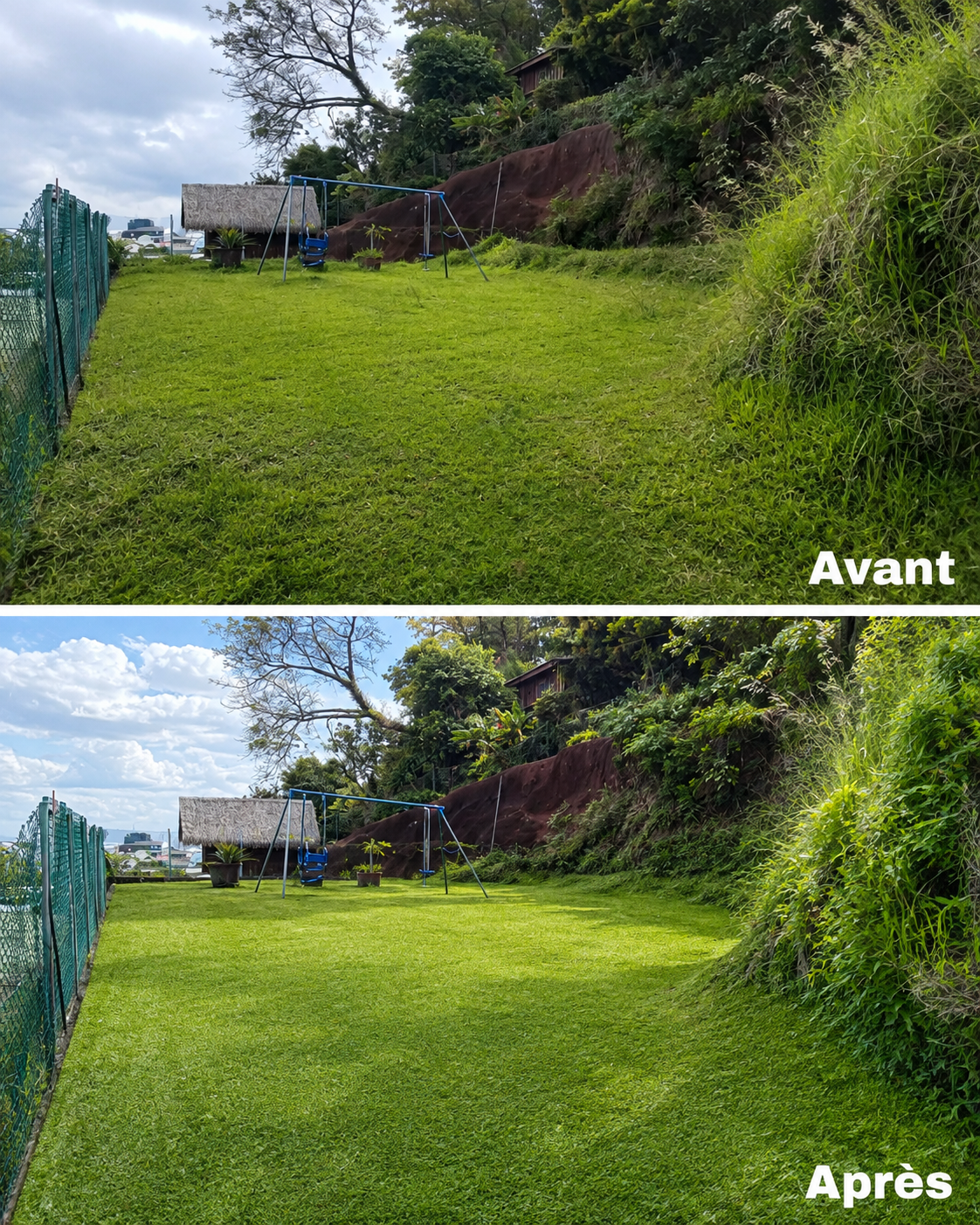 Avant et après l’entretien d’un jardin et de son talus à Tahiti
