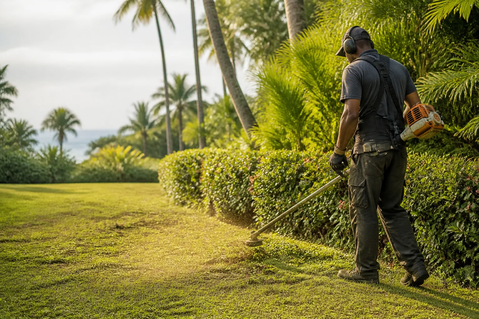 Illustration d’ambiance d’un jardinier professionnel travaillant dans un jardin tropical